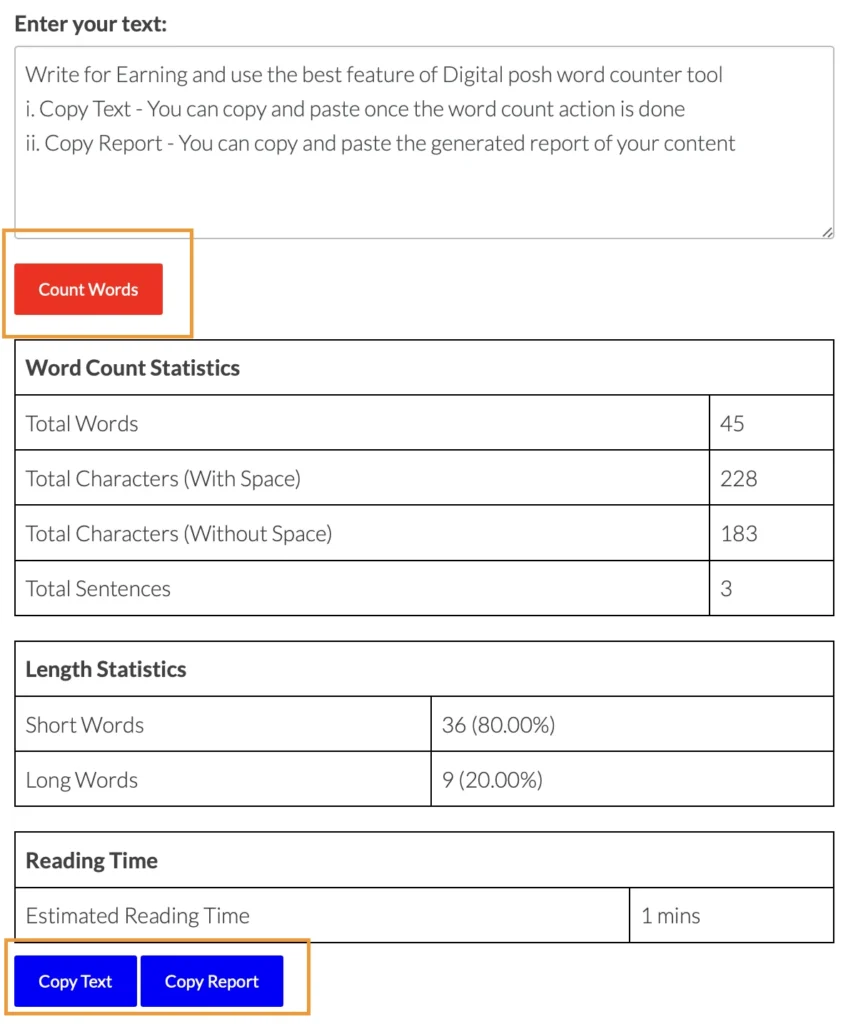 Digitalposh - word counter tool screenshot guide for how to use the tool and its special features